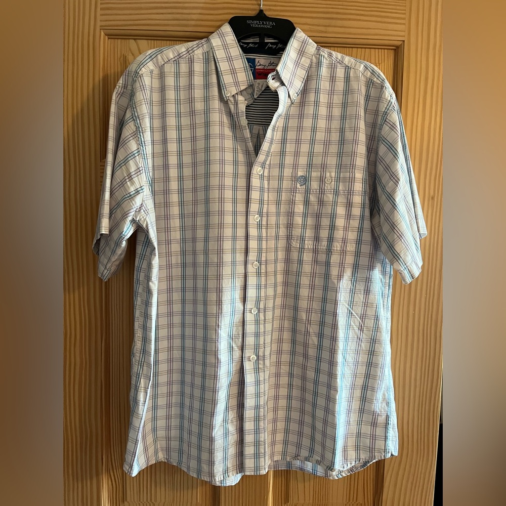 George‎ Strait Wrangler Blue & Pink Cowboy Cut Collection Plaid Shirt Size Large